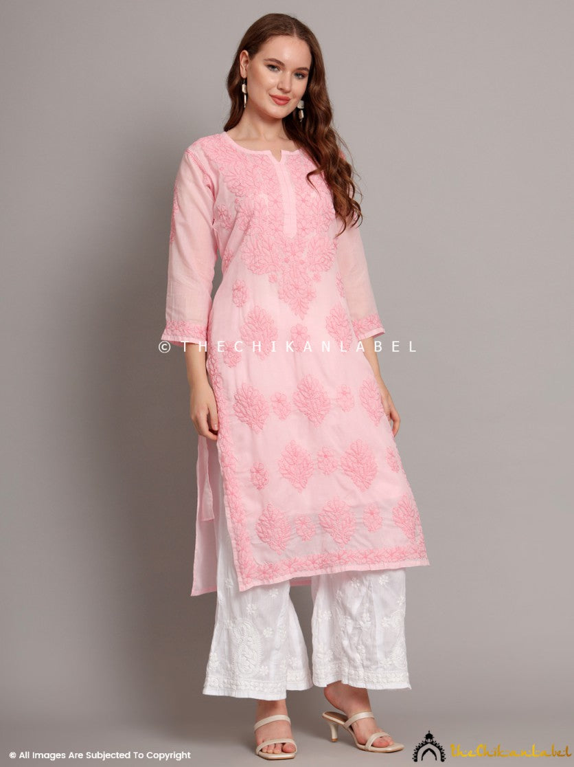 Baby Pink Naina Cotton Chikankari Straight Kurti with inner