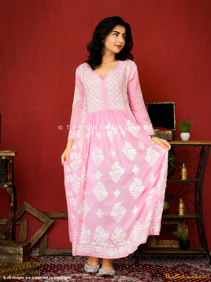 Baby Pink Zinia Modal Chikankari A-Line Kurti ,Chikankari A-Line Kurti in modal Fabric For woman