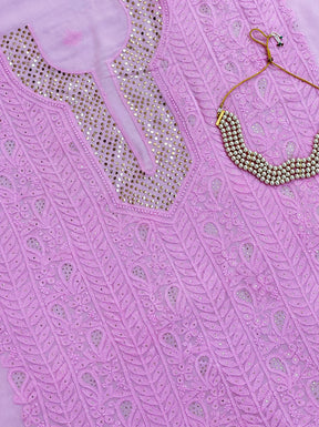 Fuchsia Pink Chikan Un-Stitched Chikankari Mukaish Viscose Kurta with Dupatta