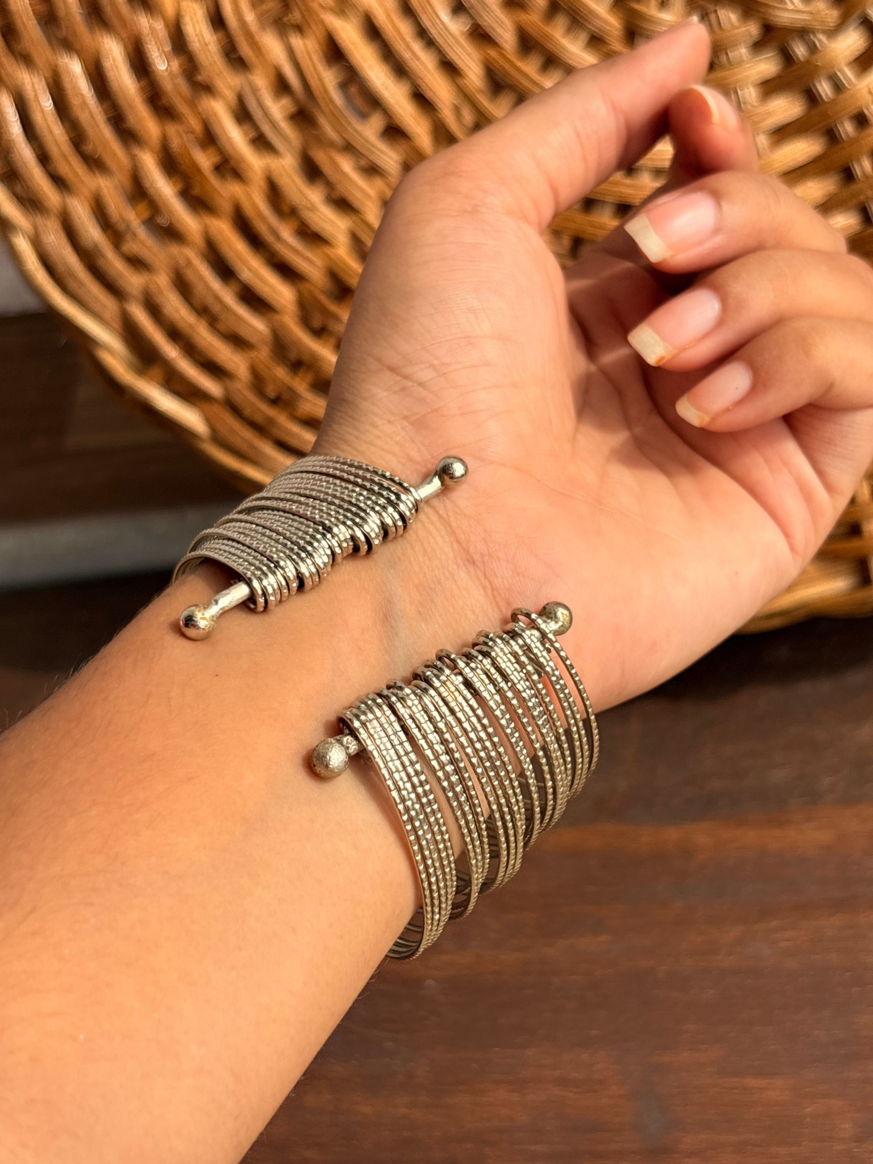 Aarohi Silver-Tone Multi-Layer Stack Cuff Bangles – Set of 2