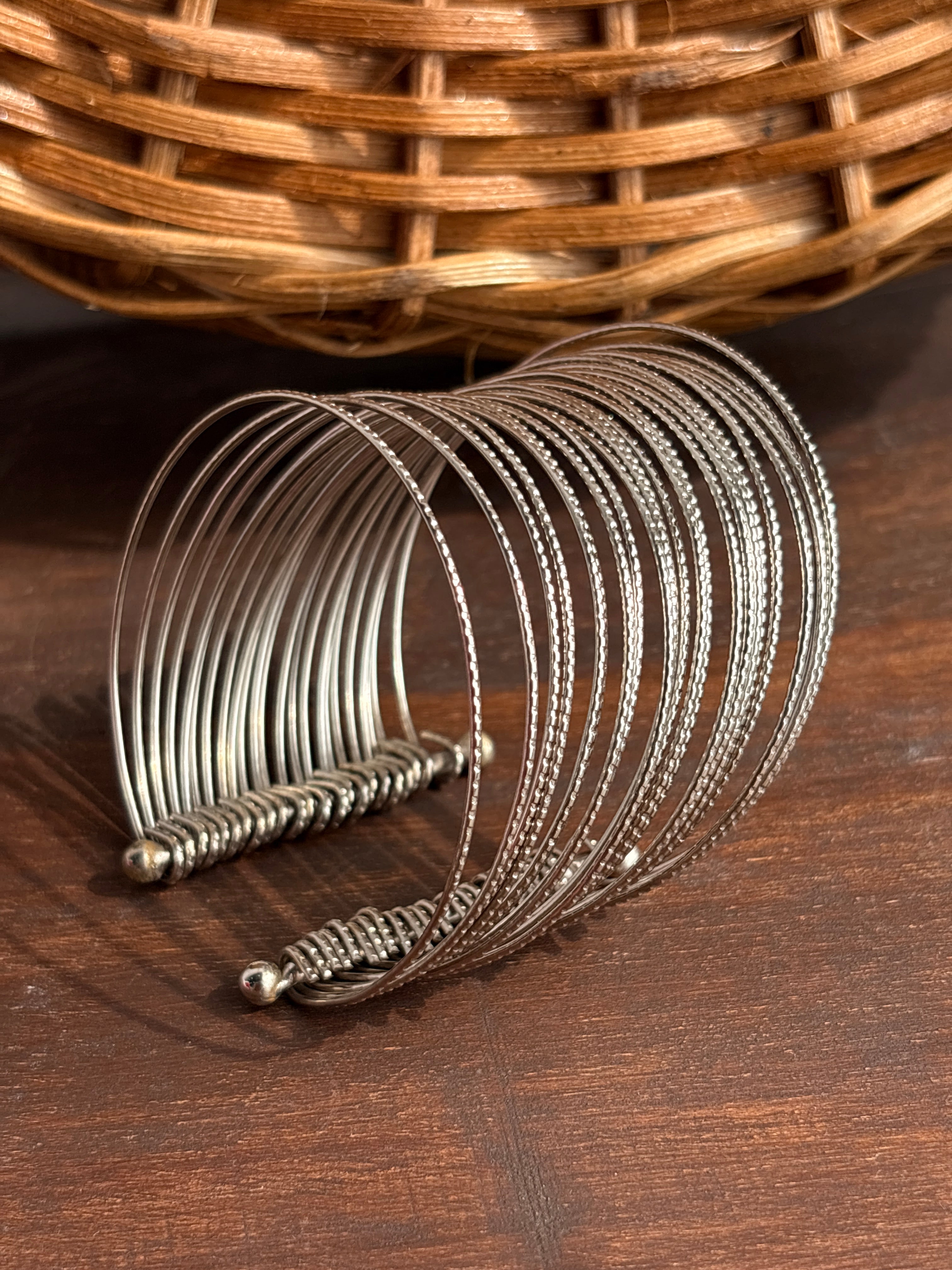 Aarohi Silver-Tone Multi-Layer Stack Cuff Bangles – Set of 2