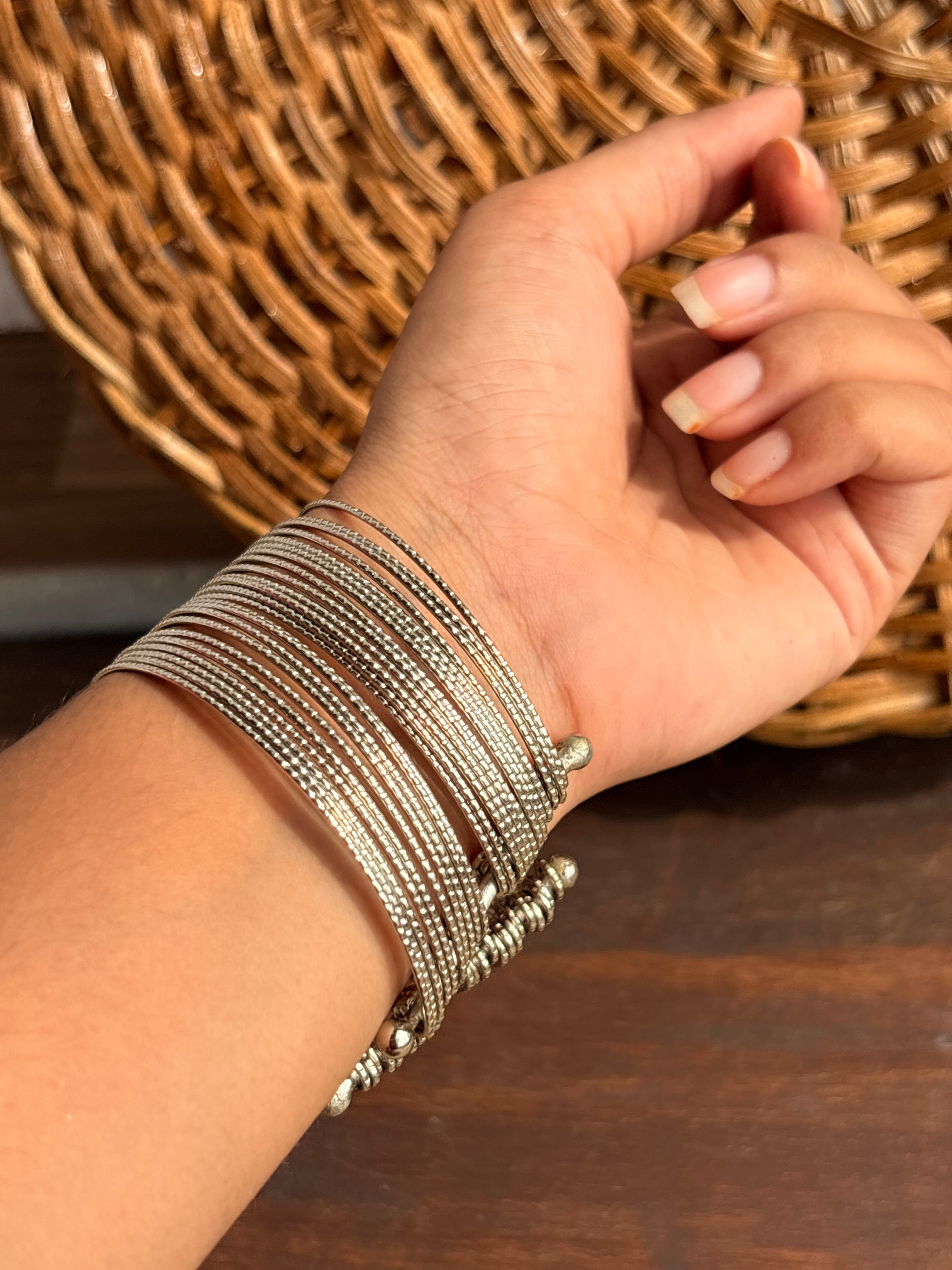 Aarohi Silver-Tone Multi-Layer Stack Cuff Bangles – Set of 2