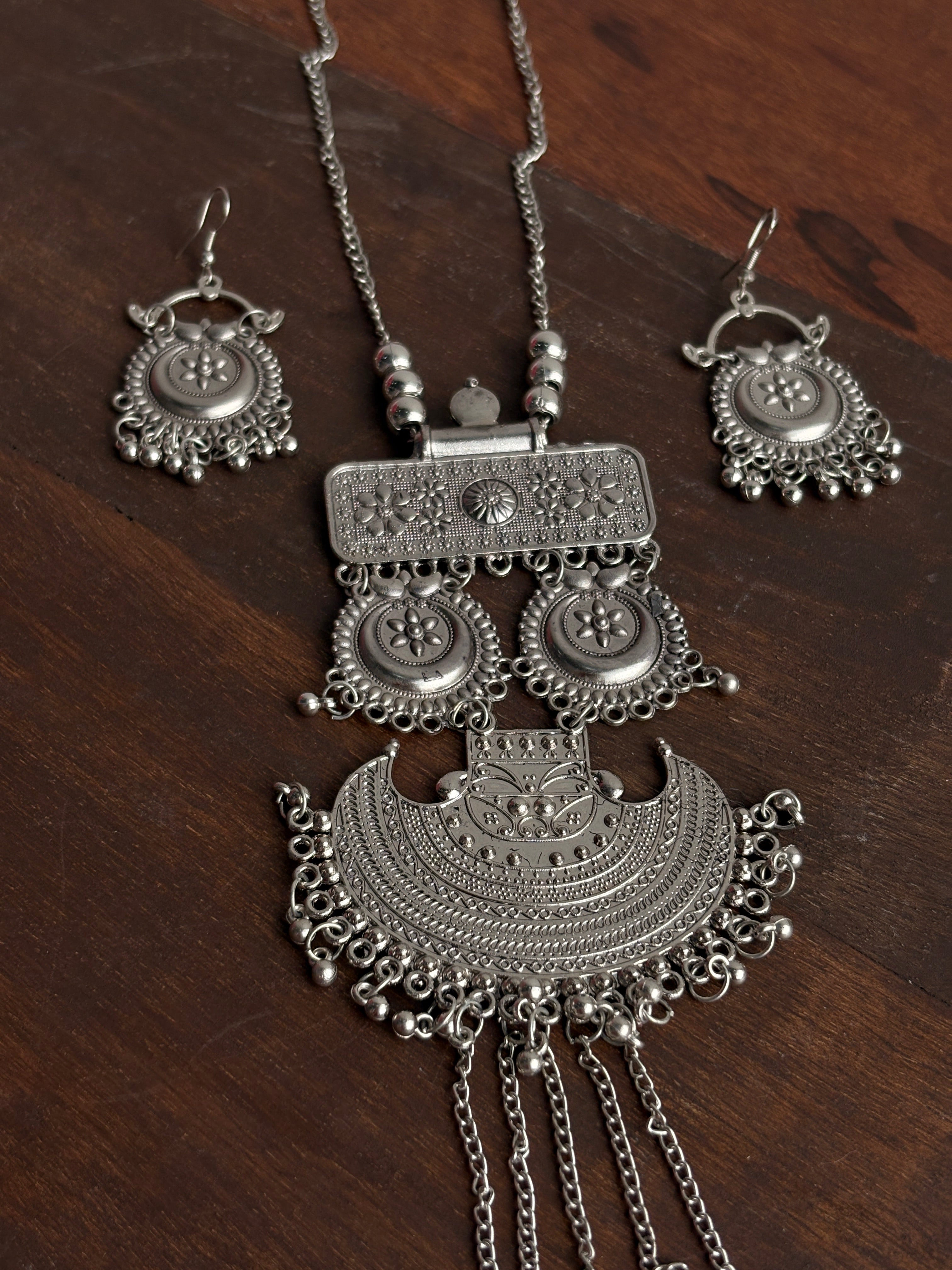 Banjara Oxidised Silver-Tone Statement Necklace & Earrings Set