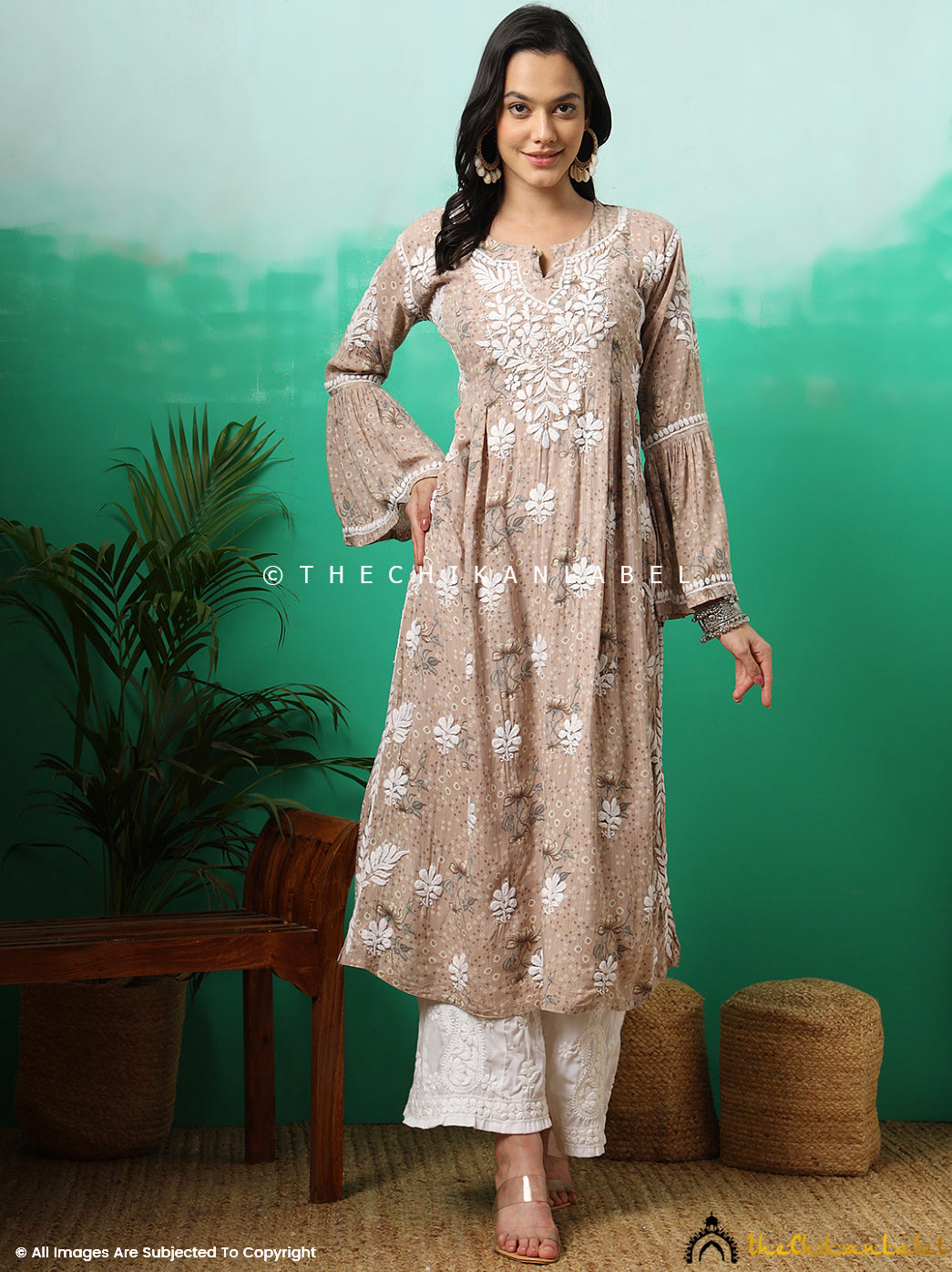 Beige Zoha Mulmul Cotton Chikankari A-Line Kurti