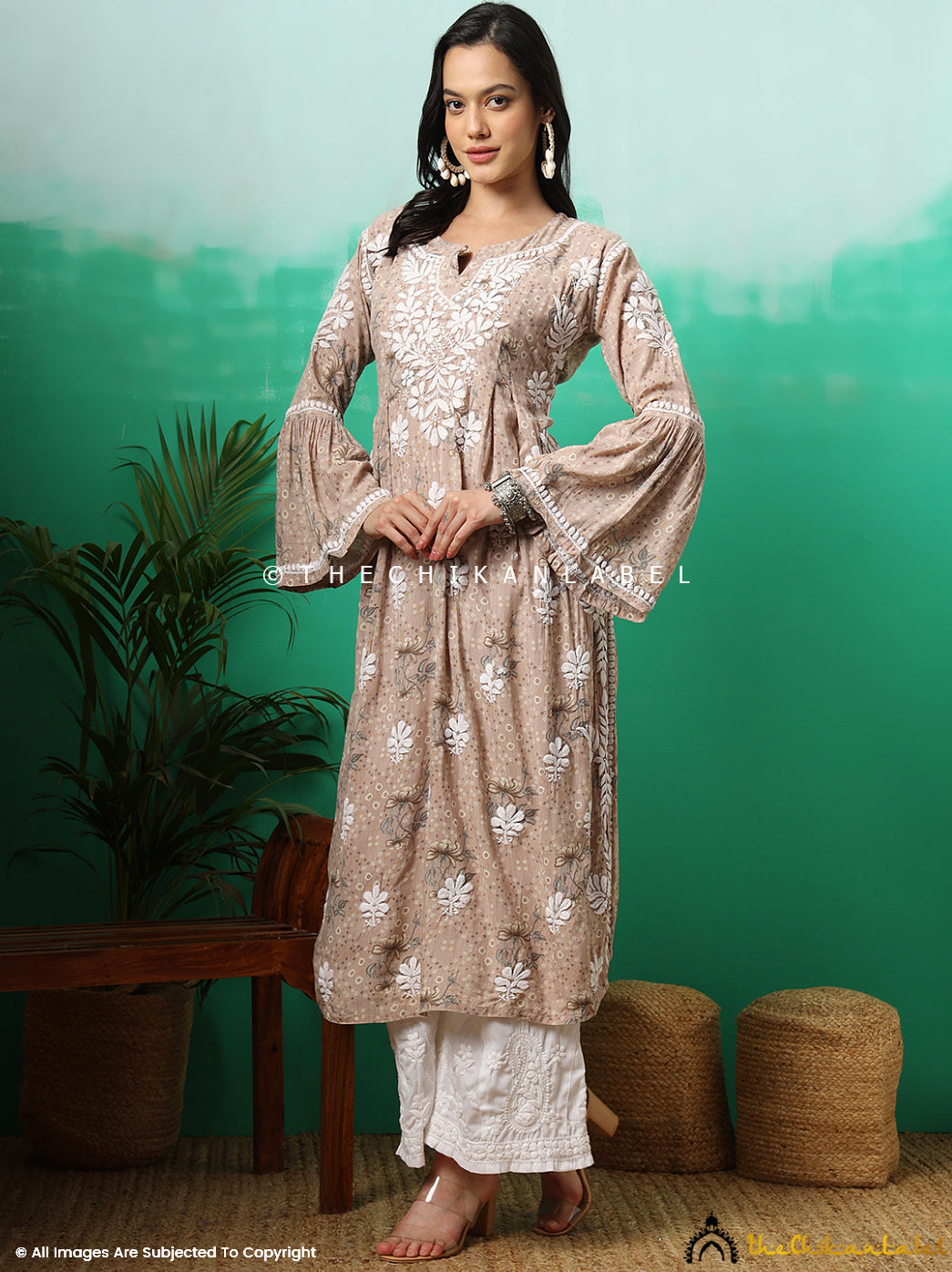 Zoha Mulmul Cotton Chikankari A-Line Kurti - Beige | The Chikan Label L Zoha Mulmul Cotton Chikankari A-Line Kurti - Beige | The Chikan Label L