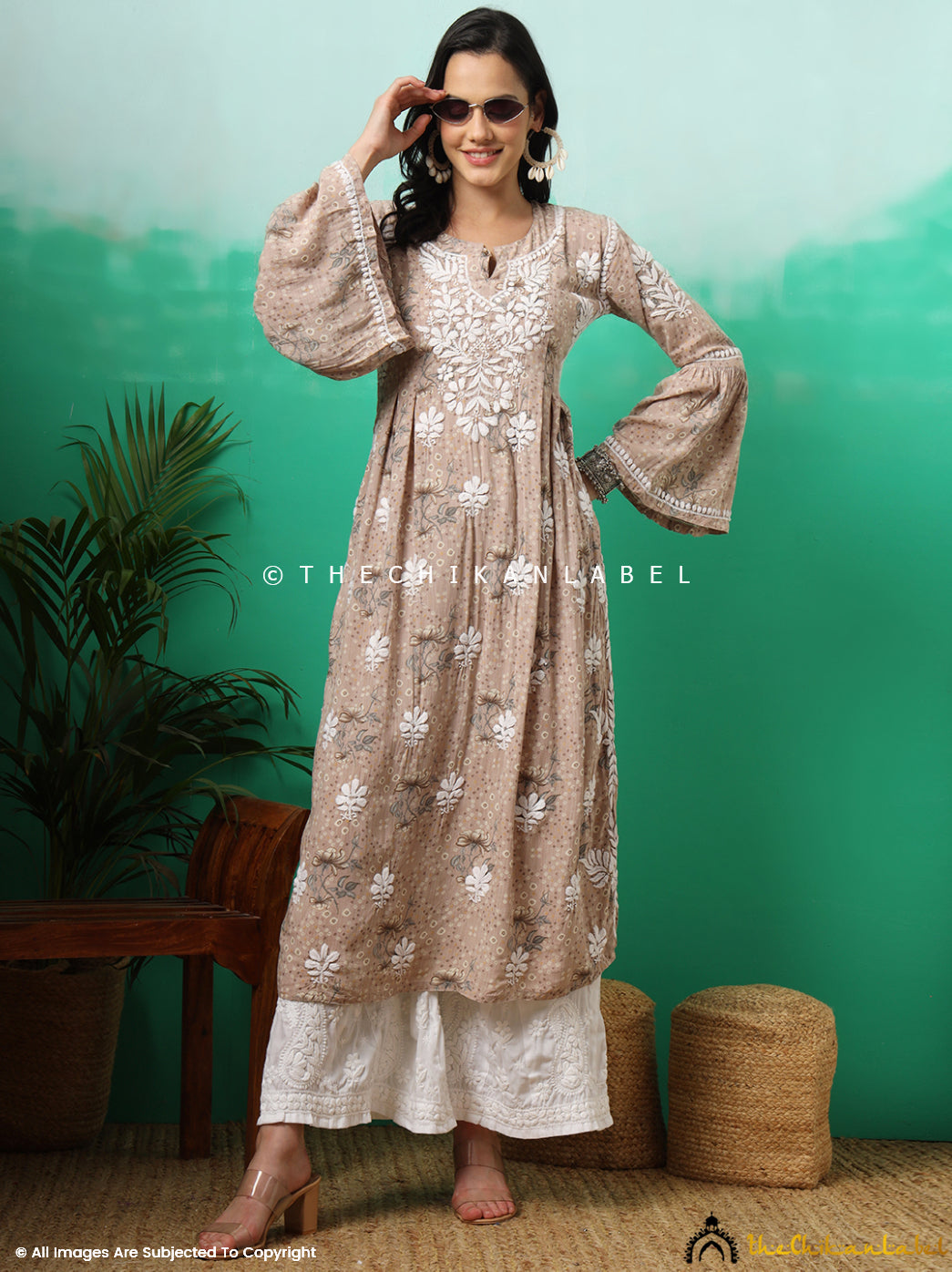 Beige Zoha Mulmul Cotton Chikankari A-Line Kurti