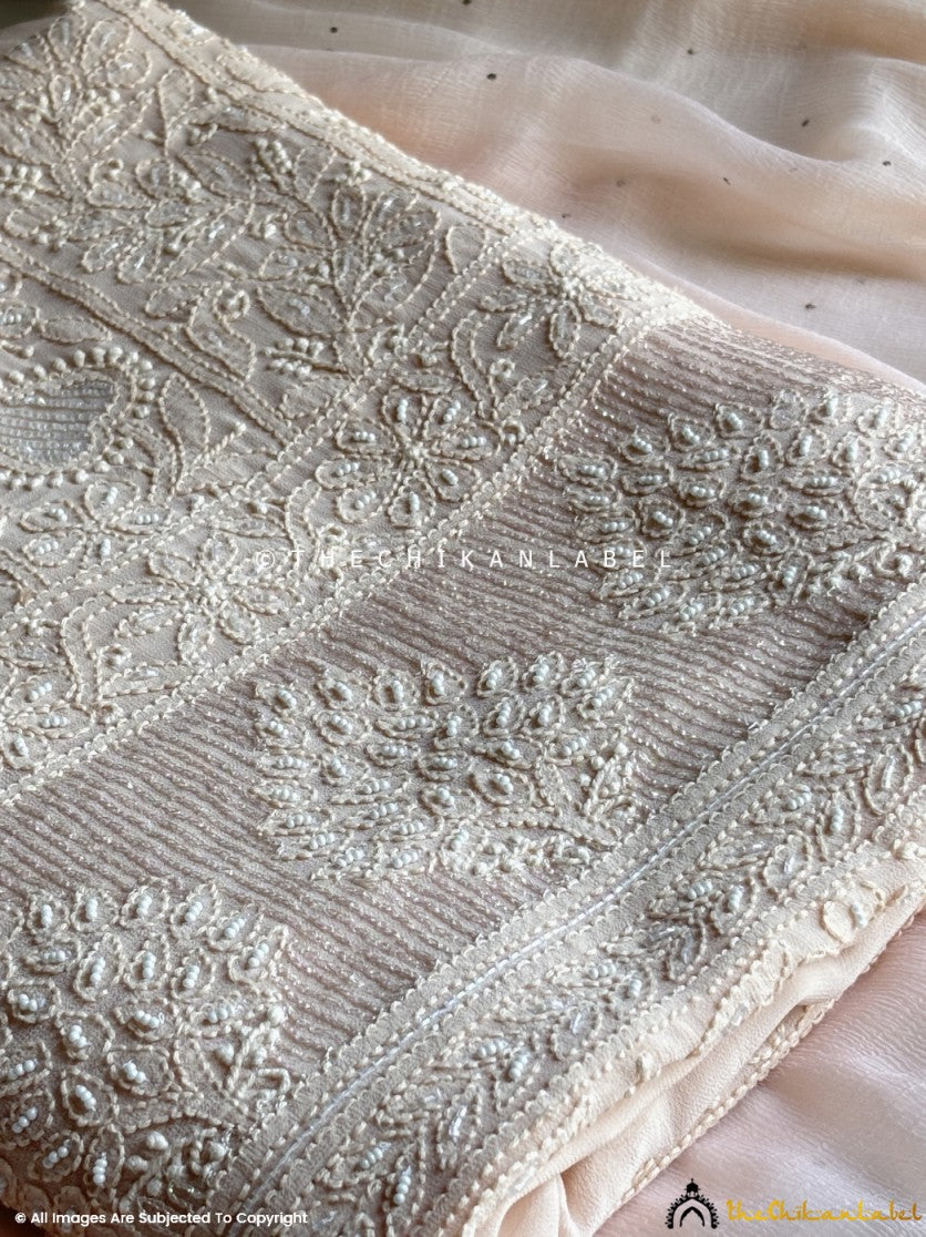 Beige Irya Viscose Chikankari Un-Stitched Pearl work Suit with Dupatta