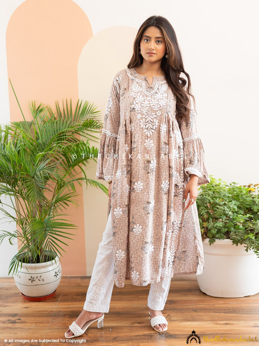 Beige Zoha Mulmul Cotton Chikankari A-Line Kurti