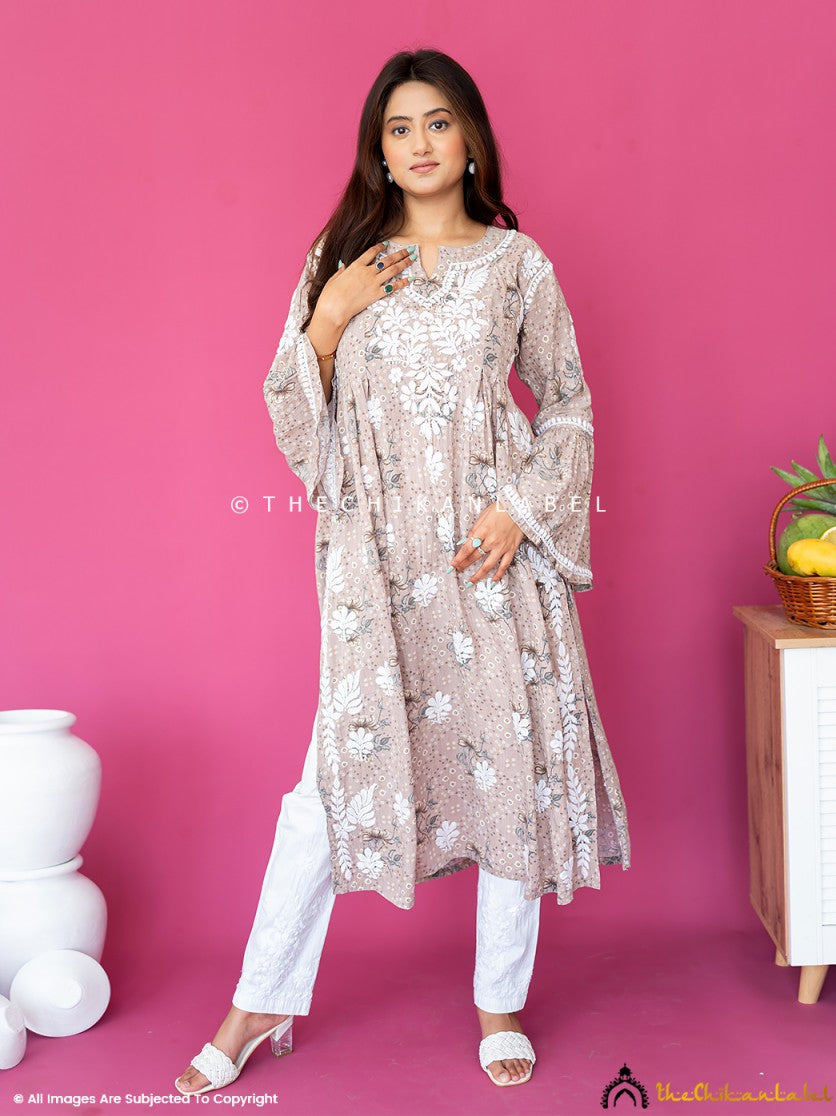 Beige Zoha Mulmul Cotton Chikankari A-Line Kurti