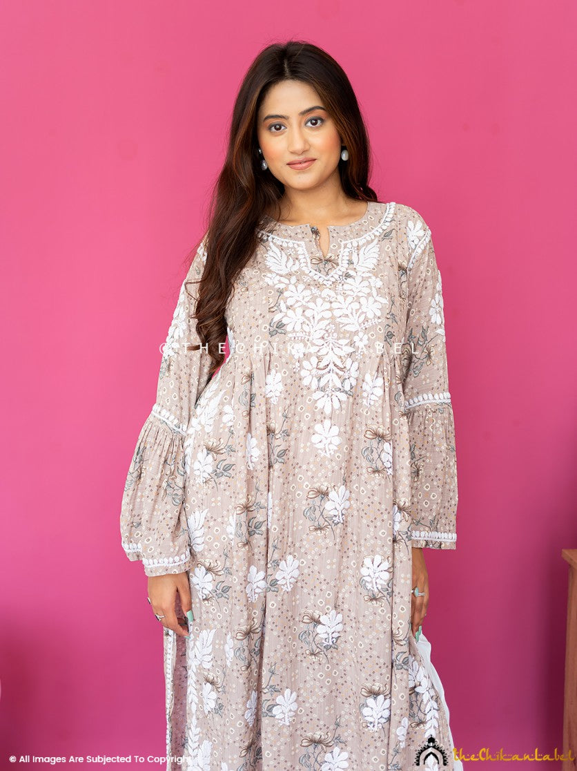 Beige Zoha Mulmul Cotton Chikankari A-Line Kurti