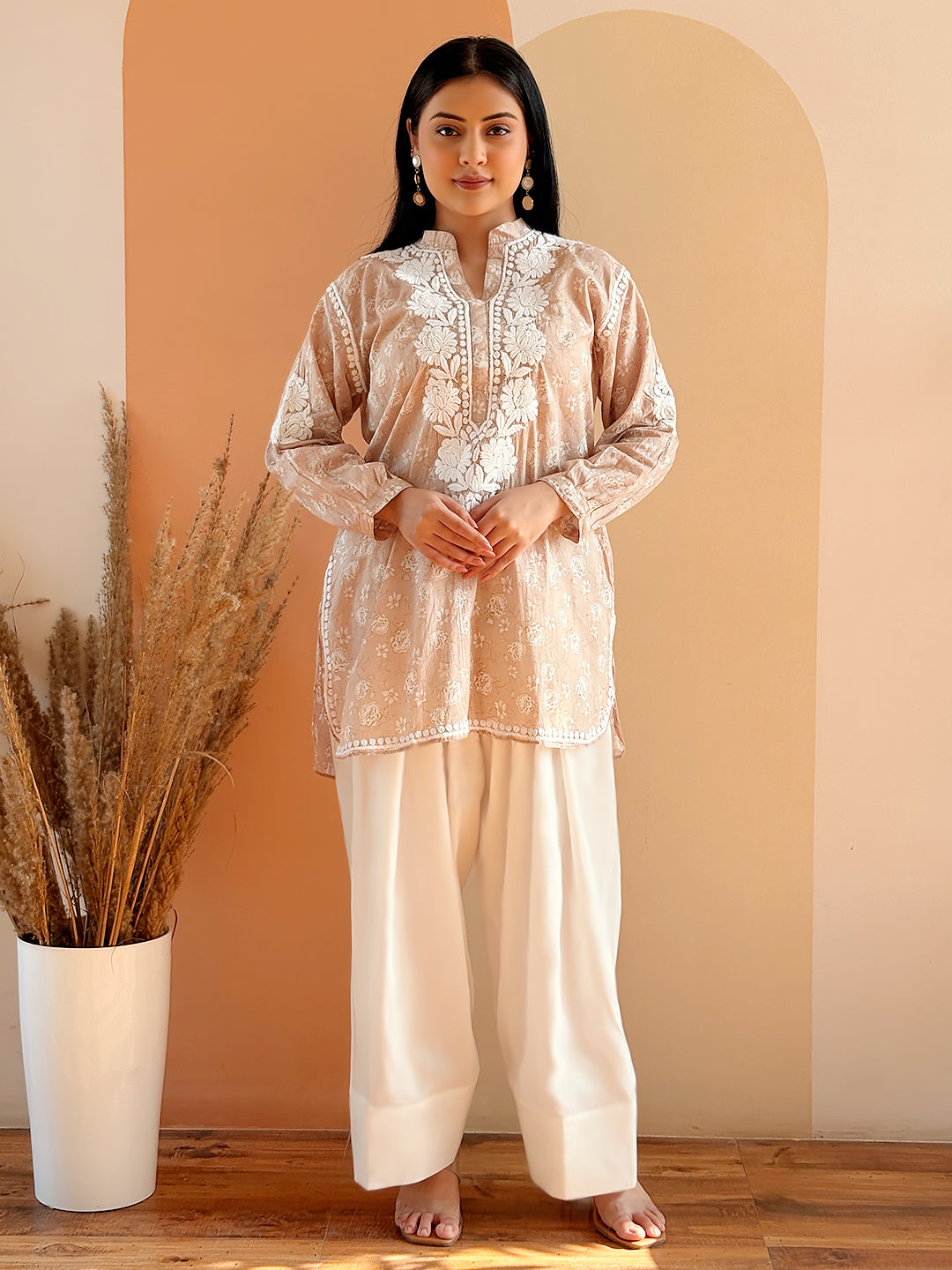 Beige Mulmul Printed Chikankari Farshi Salwar Set