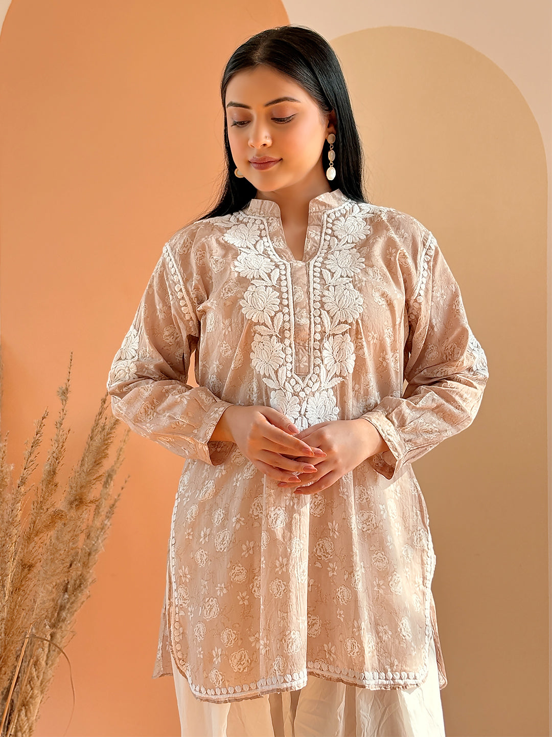Beige Mulmul Printed Chikankari Farshi Salwar Set