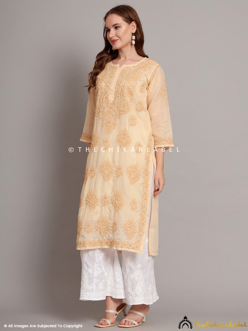 Beige Naina Cotton Chikankari Straight Kurti with inner