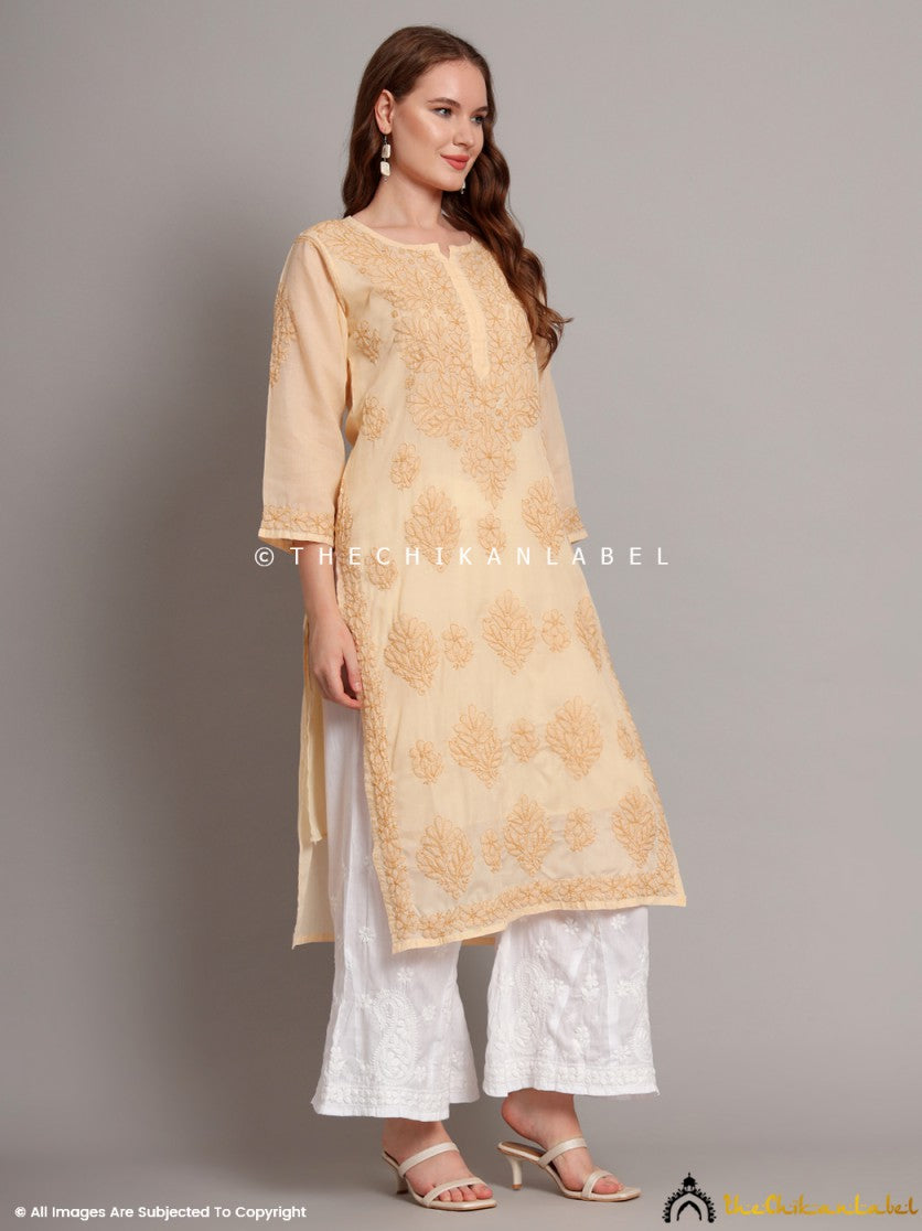 Beige Naina Cotton Chikankari Straight Kurti with inner