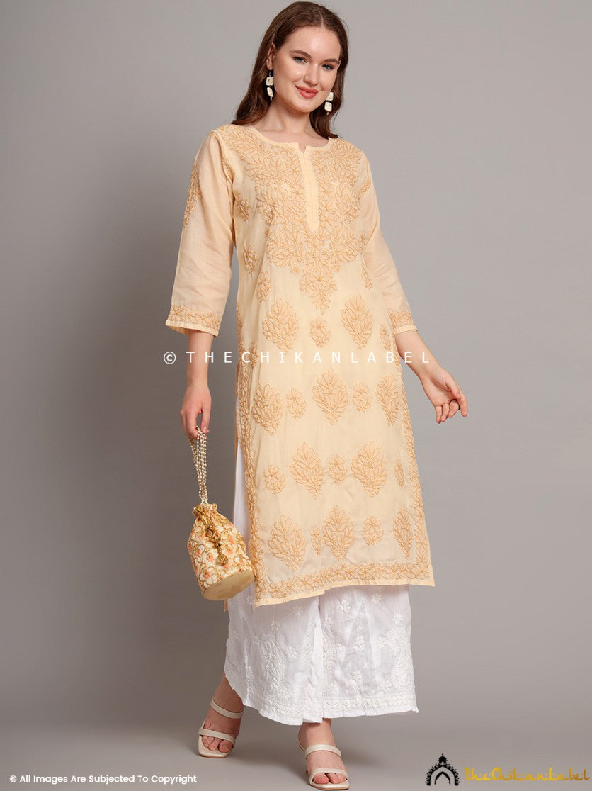 Beige Naina Cotton Chikankari Straight Kurti with inner