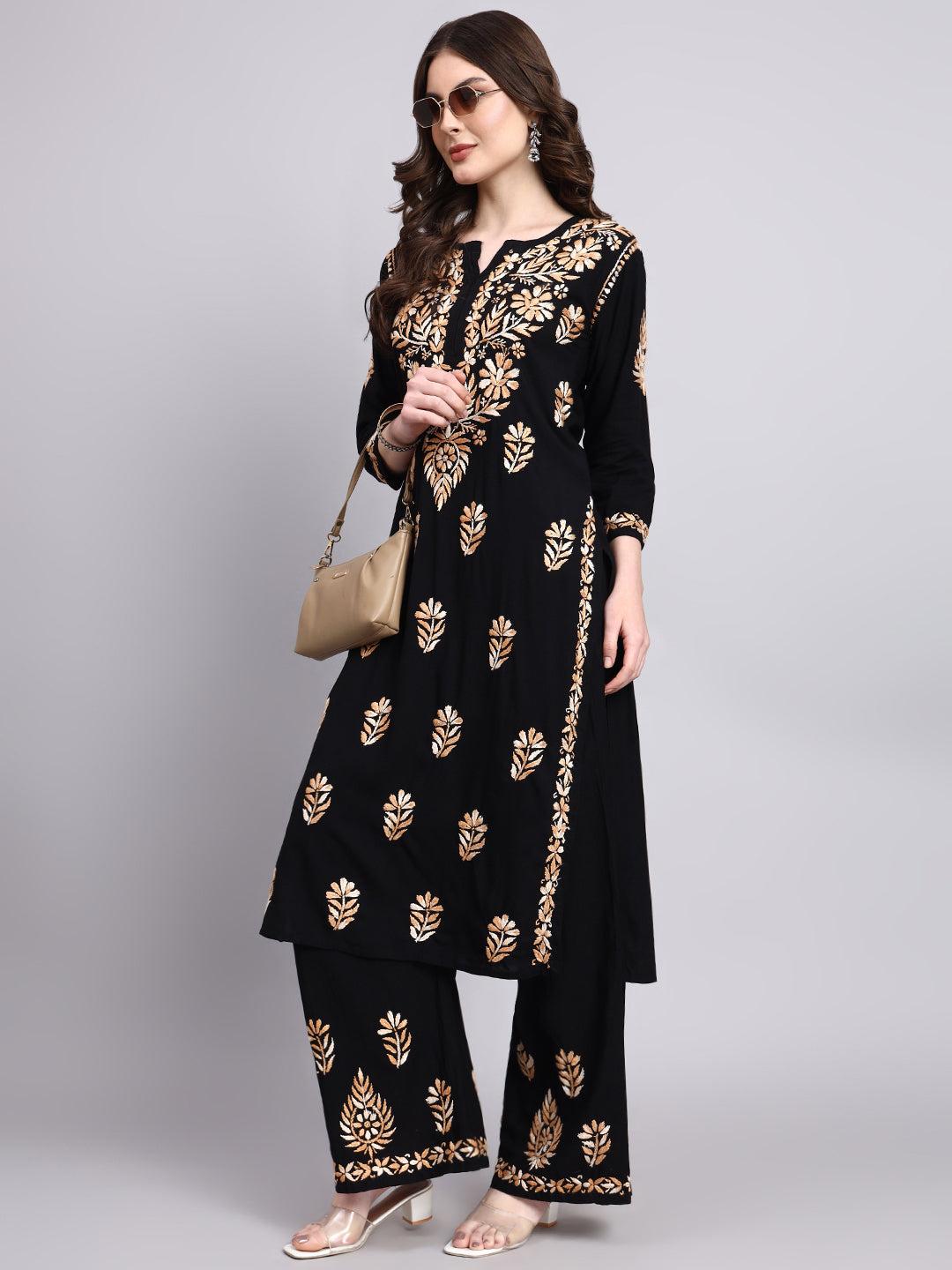 Full length view of rayon chikankari kurta palazzo set highlighting intricate hand chikankari embroidery and graceful silhouette