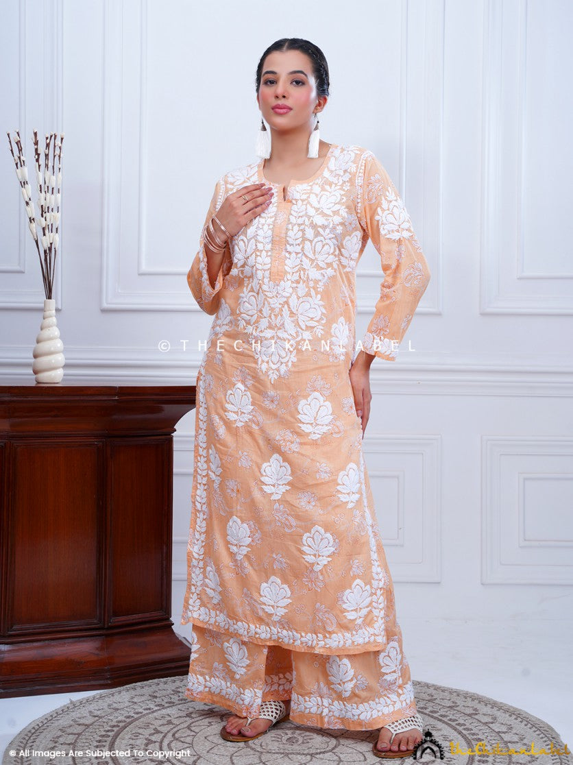 Beige Ruwaab Mulmul Cotton Chikankari Kurti Palazzo Set