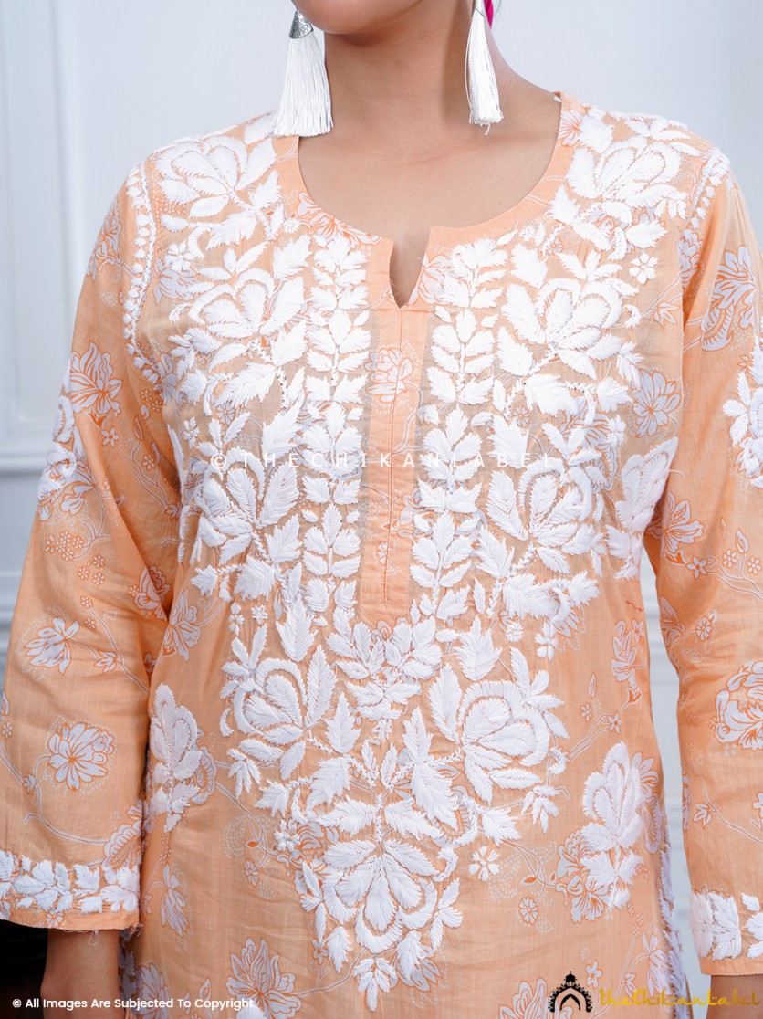 Beige Ruwaab Mulmul Cotton Chikankari Kurti Palazzo Set