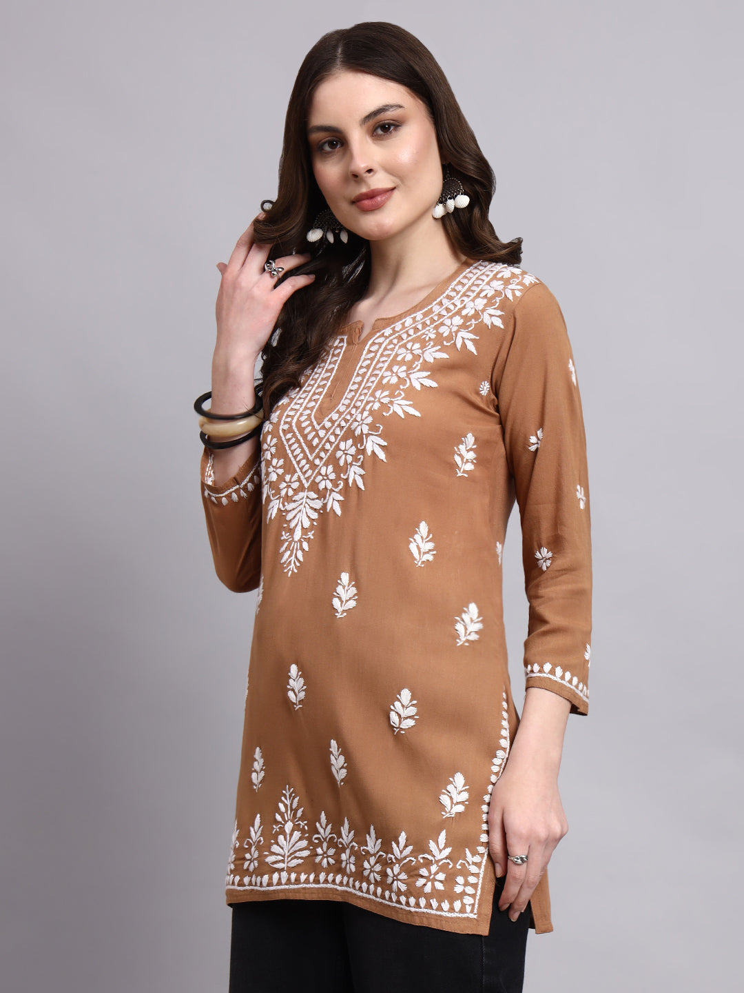 Traditional chikankari embroidered rayon short kurta with straight silhouette and lightweight breathable fabric