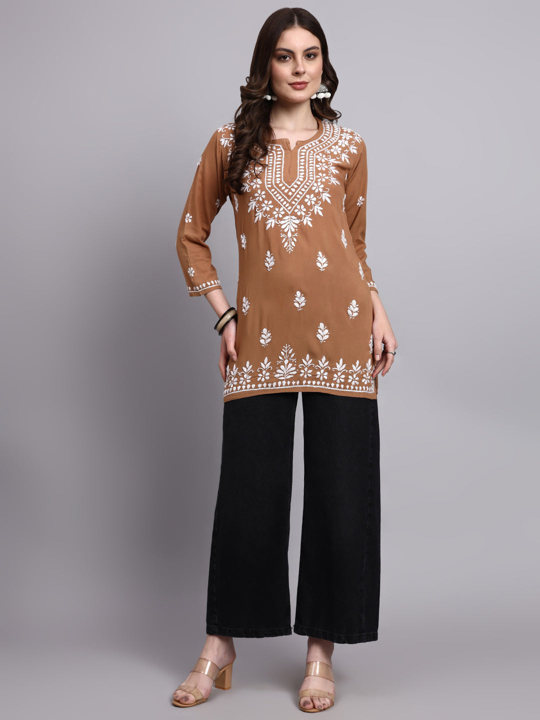 Authentic handmade chikankari short kurta with floral embroidery pattern on neckline, sleeves, and hemline