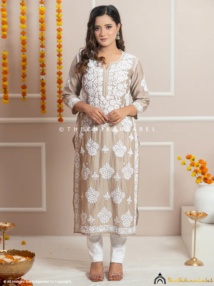 Uzma Chanderi Chikankari Kurta - Beige