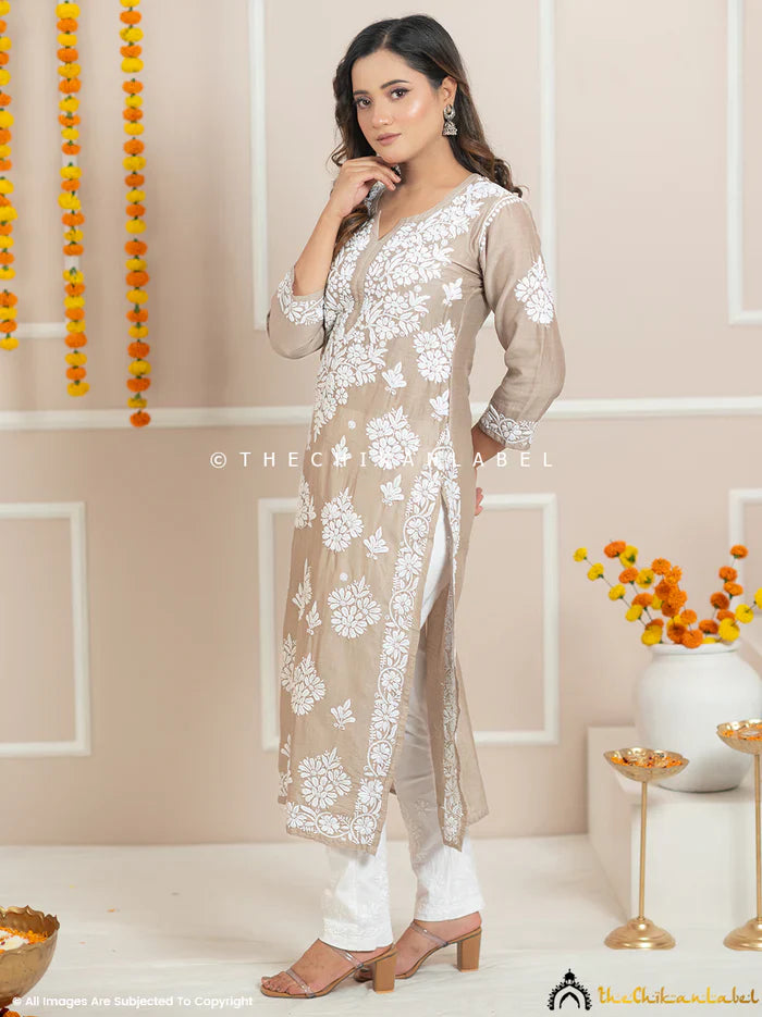 Uzma Chanderi Chikankari Kurta - Beige
