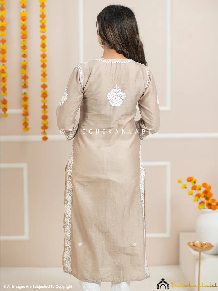 Uzma Chanderi Chikankari Kurta - Beige