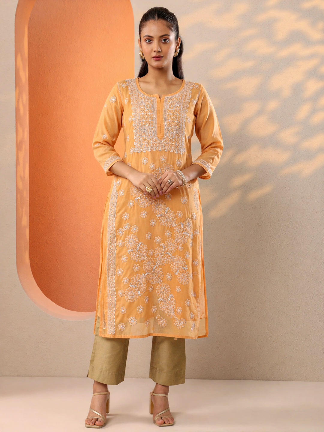 Traditional chikankari embroidery kurti with straight fit style perfect for office wear and casual outings