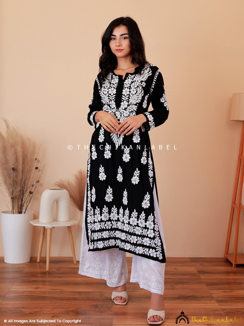 Black Raisa Modal Chikankari Straight Kurti, Chikankari Straight Kurti In Modal Fabric For woman 