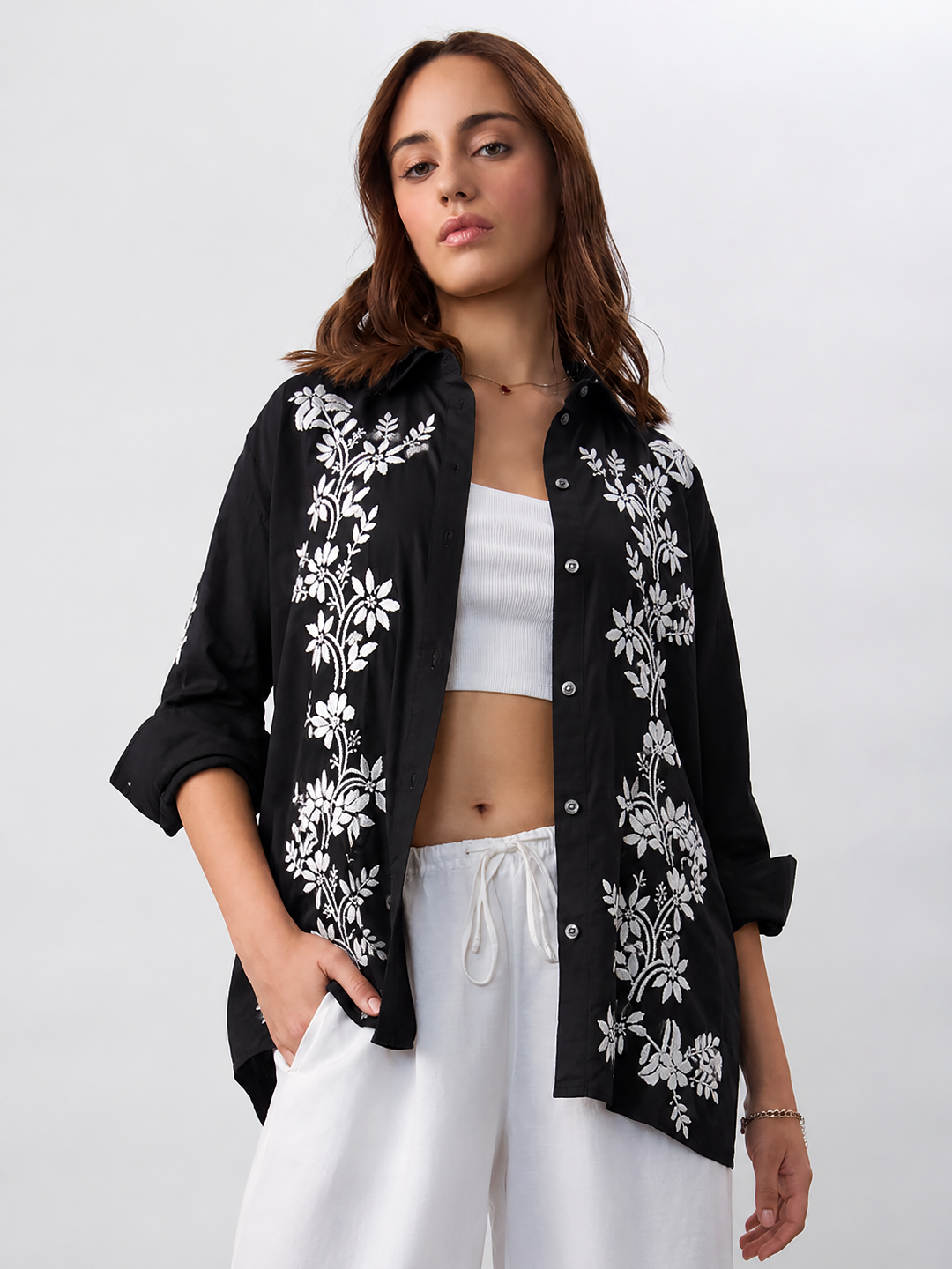 Rubi Cotton Chikankari Shirt - Black