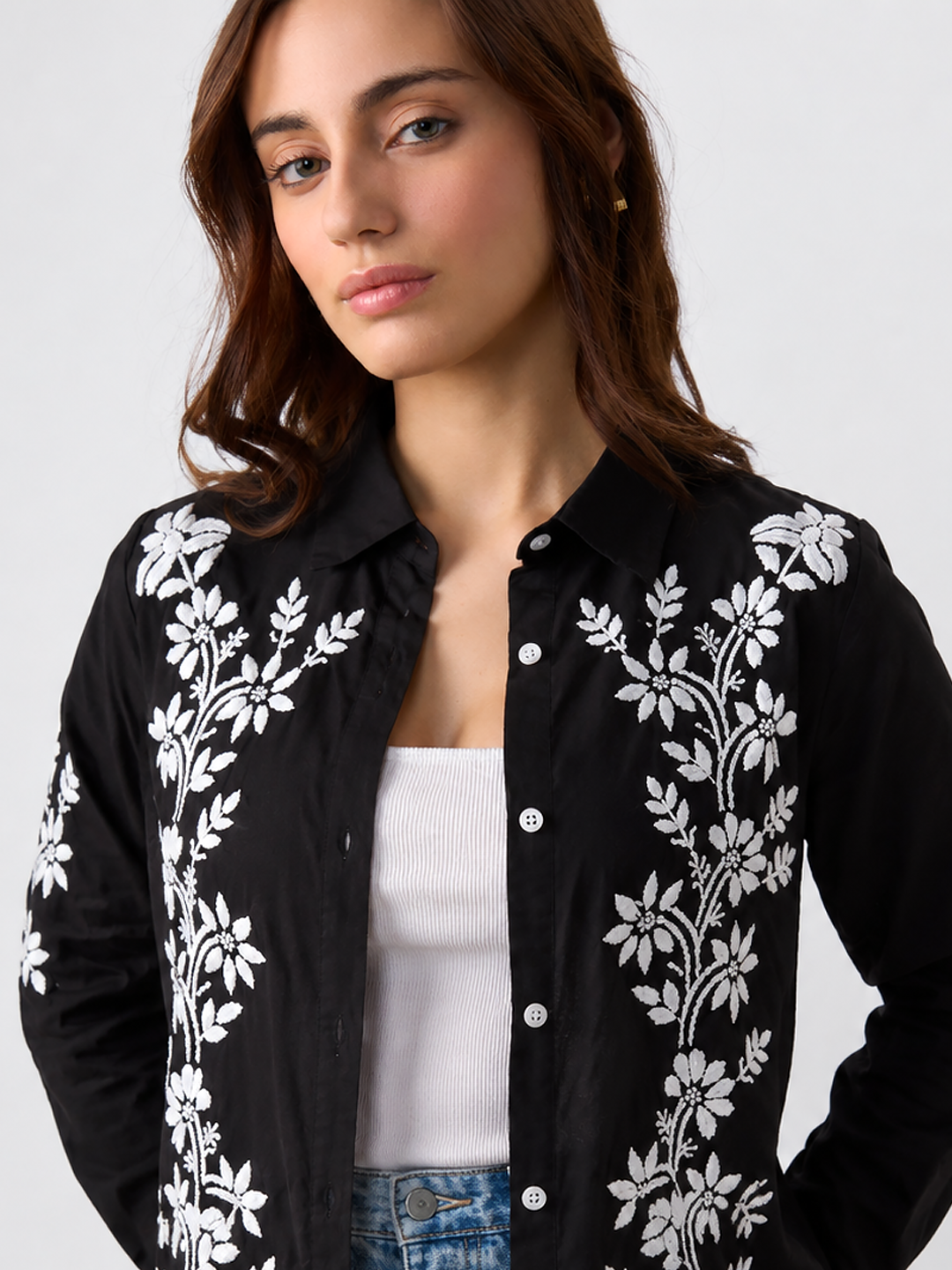 Rubi Cotton Chikankari Shirt - Black