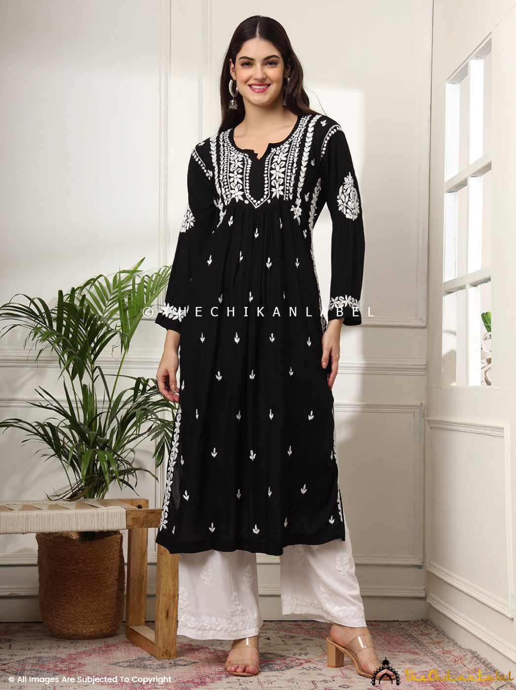 Black Aardhya Rayon Chikankari A-Line Kurti