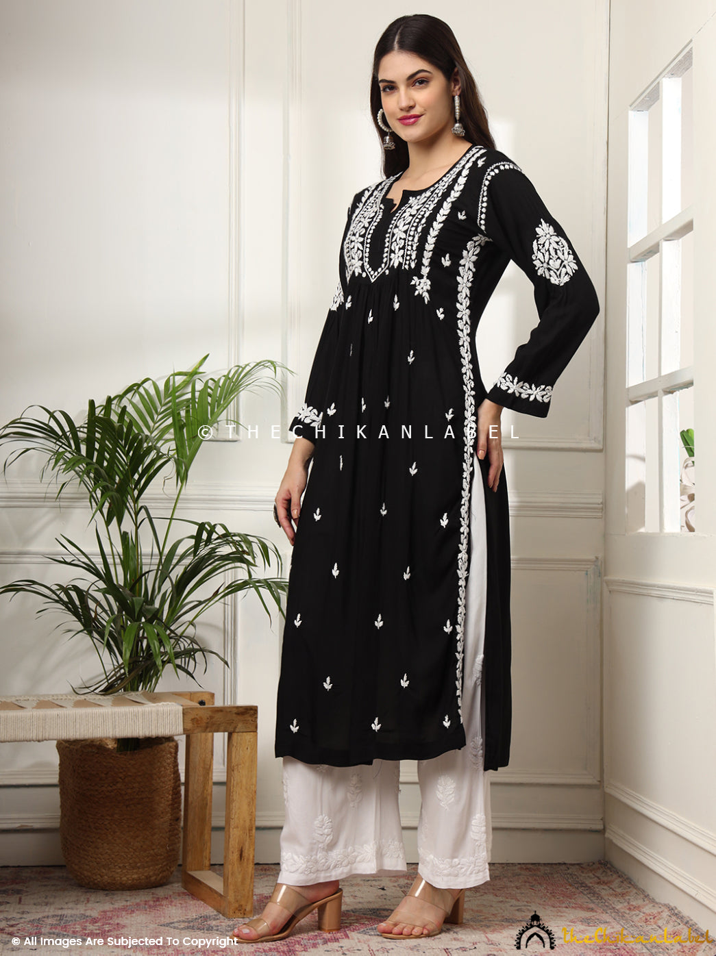 Black Aardhya Rayon Chikankari A-Line Kurti