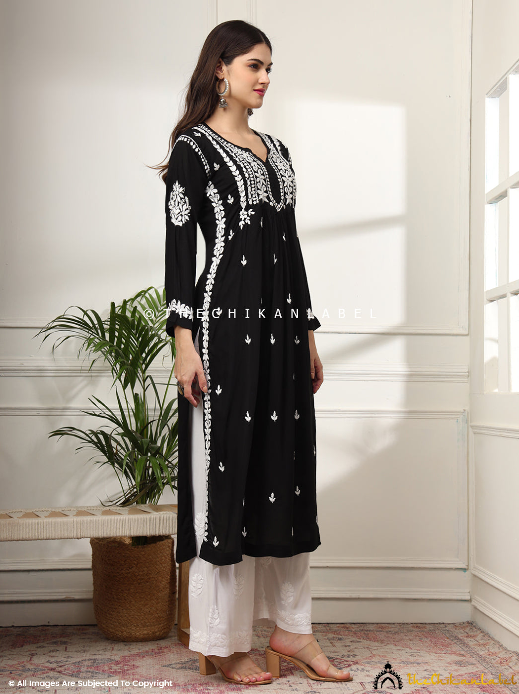 Black Aardhya Rayon Chikankari A-Line Kurti