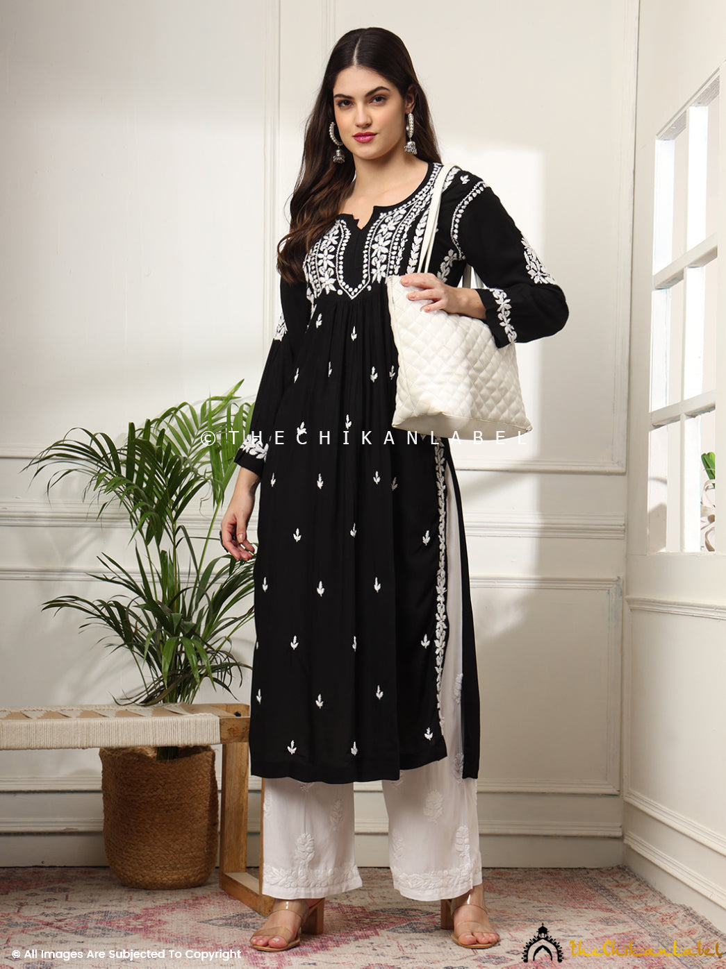 Black Aardhya Rayon Chikankari A-Line Kurti