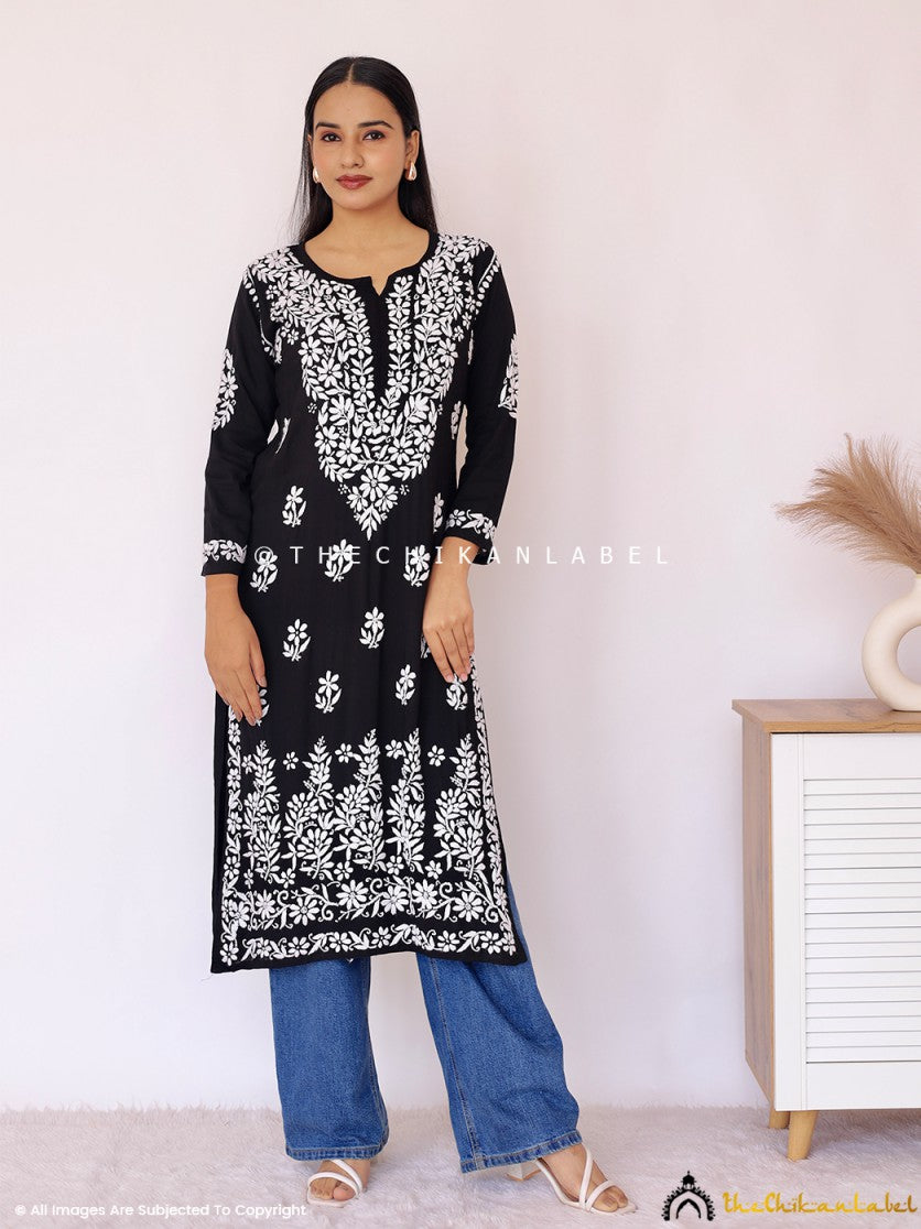 Black Aashi Modal Chikankari Straight Kurti