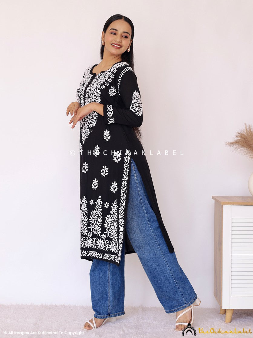 Black Aashi Modal Chikankari Straight Kurti