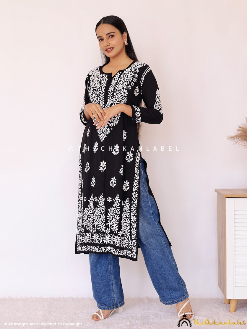 Black Aashi Modal Chikankari Straight Kurti