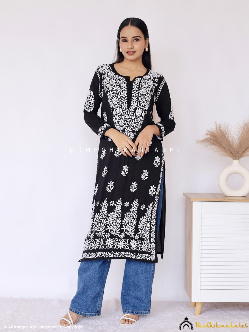 Black Aashi Modal Chikankari Straight Kurti