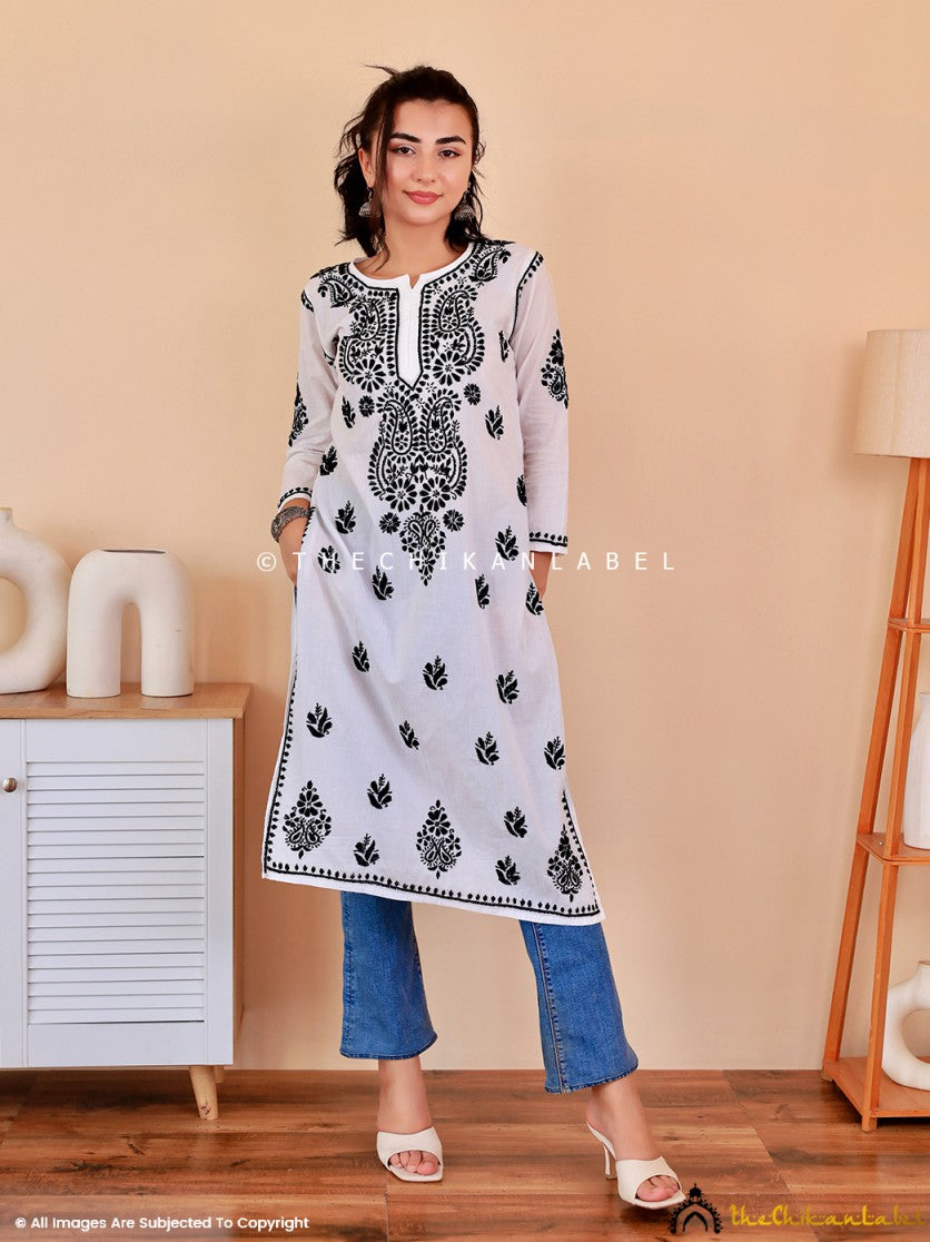 Black Amiya Cotton Chikankari Straight Kurti ,Chikankari Straight Kurti In Cotton  Fabric For Woman