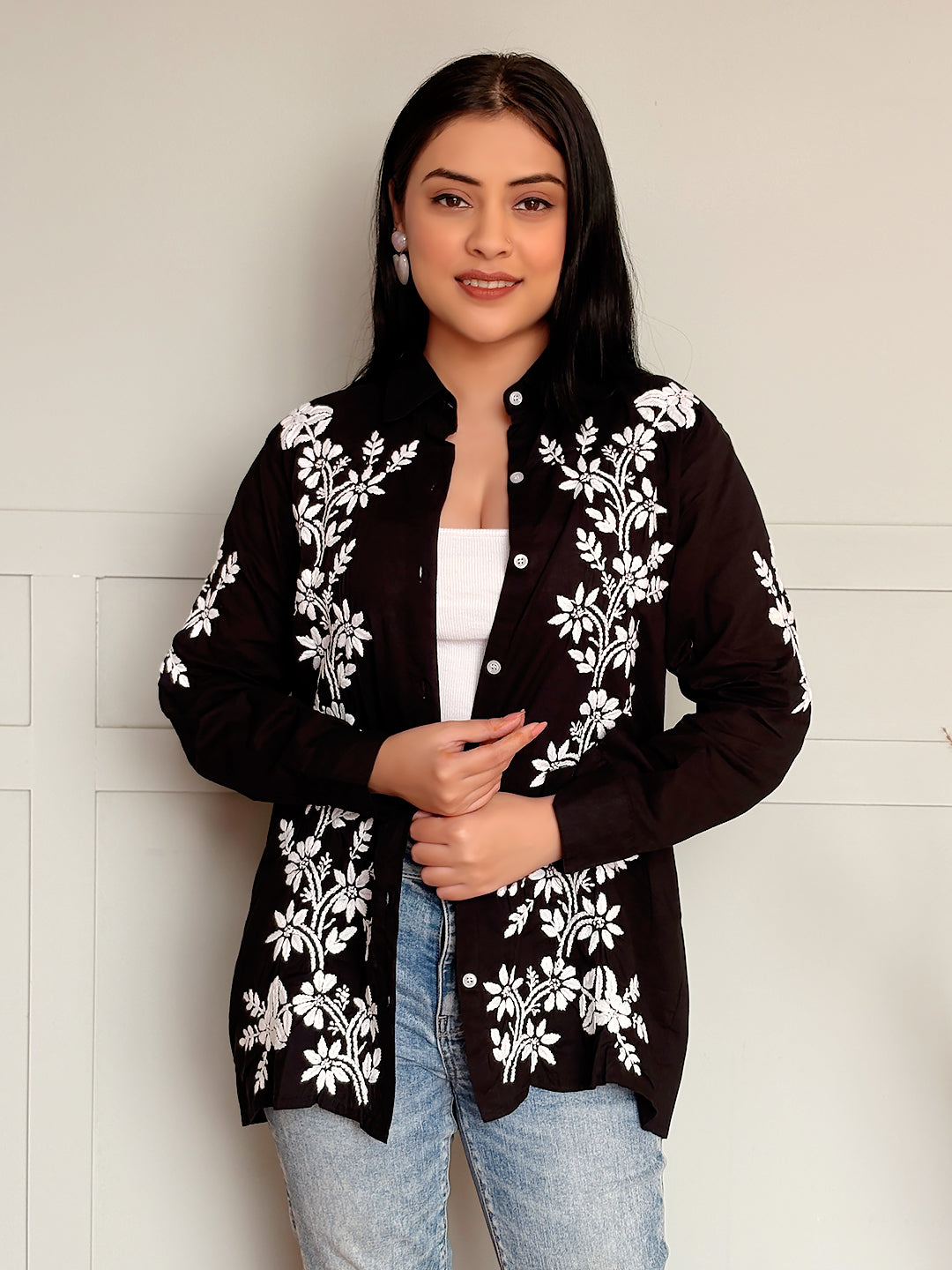 Rubi Cotton Chikankari Shirt - Black