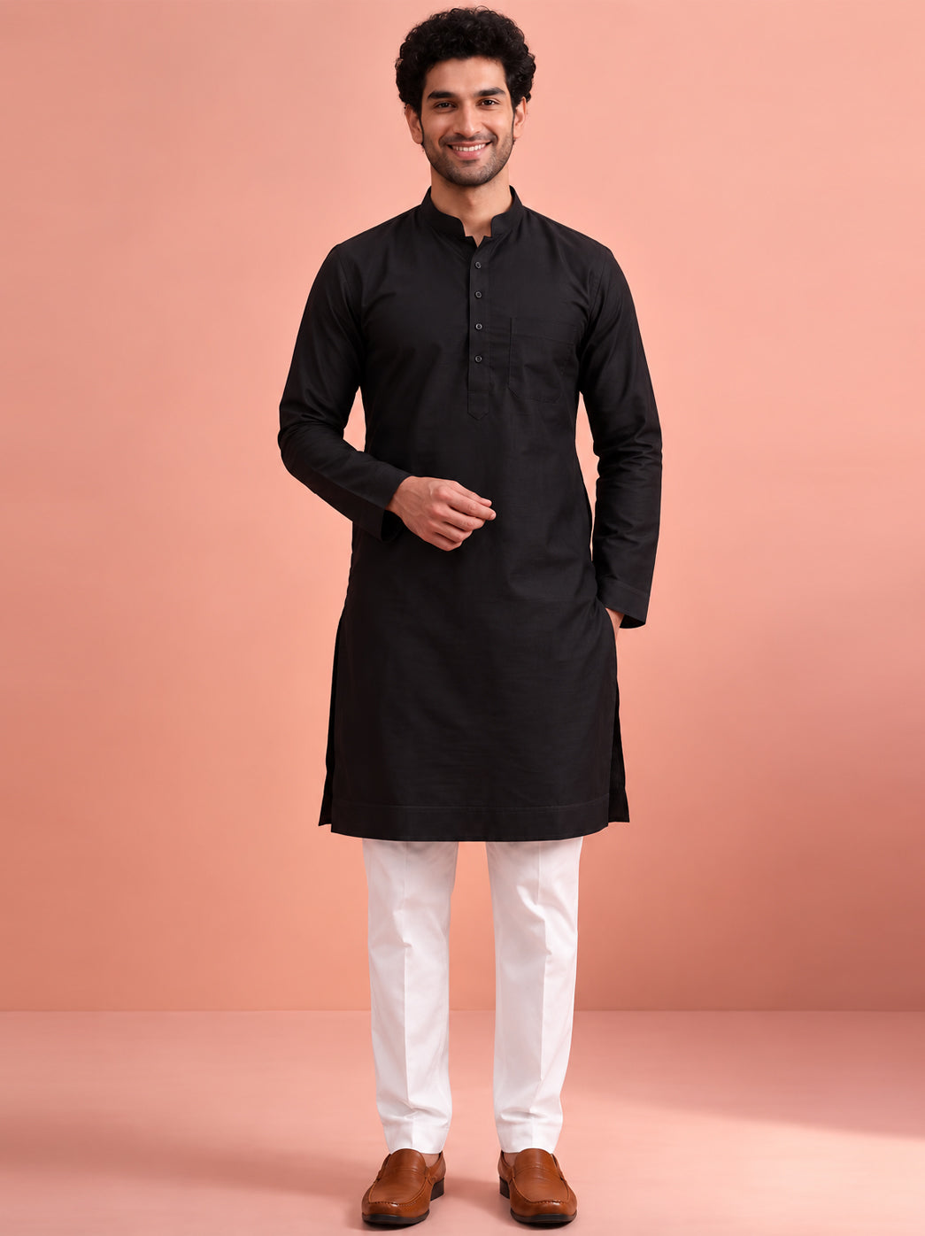 Avi Cotton Straight Kurta showcasing classic Indian menswear styling with a straight fit, full sleeves, band collar, button placket, and chest pocket for a polished appearance