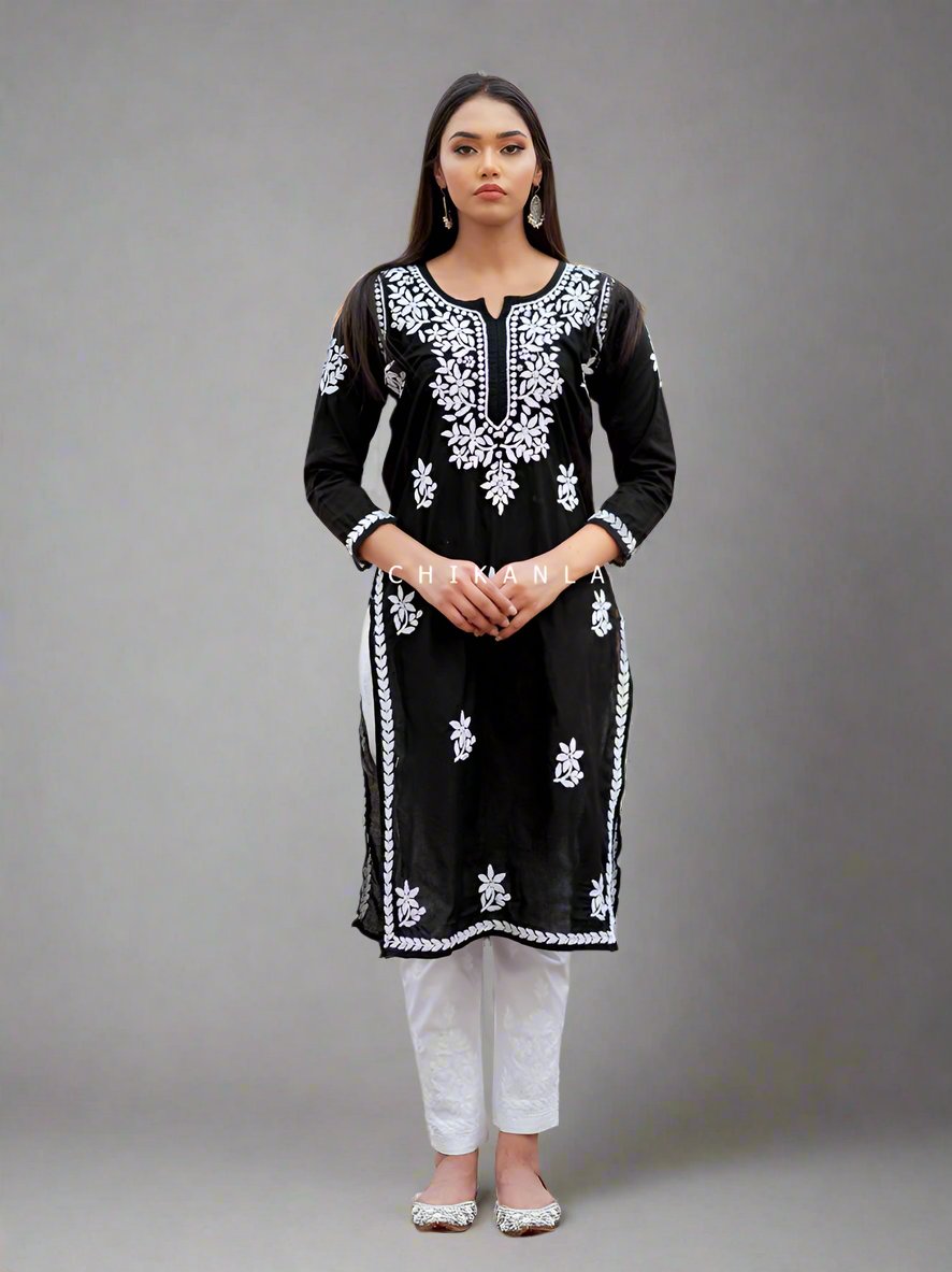 Black Saba Cotton Chikankari Straight Kurti ,Chikankari Straight Kurti In Cotton Fabric For Woman