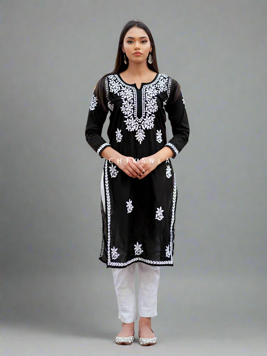 Black Saba Cotton Chikankari Straight Kurti