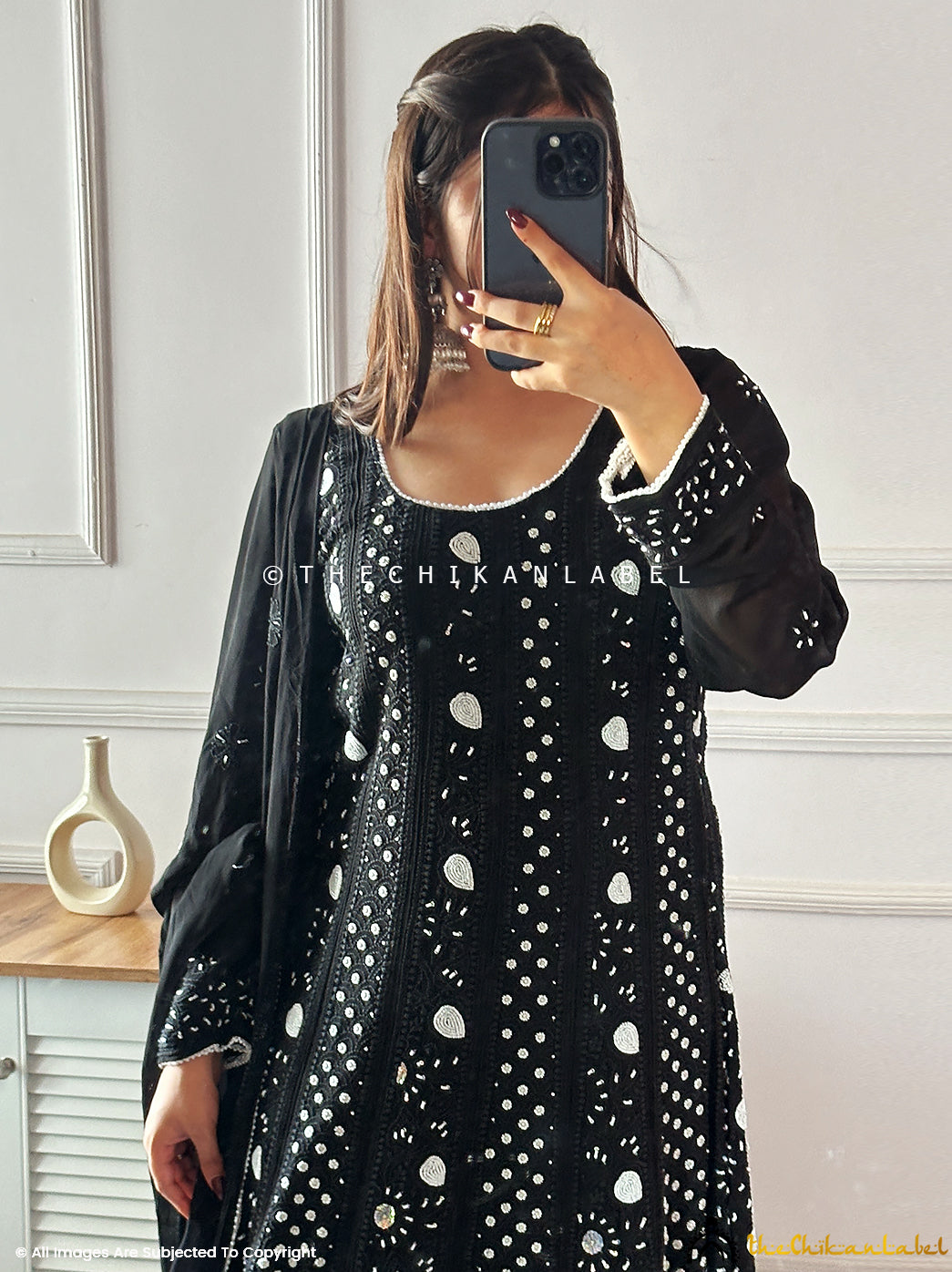 Black Ihina Pearl Work Viscose Chikankari Anarkali