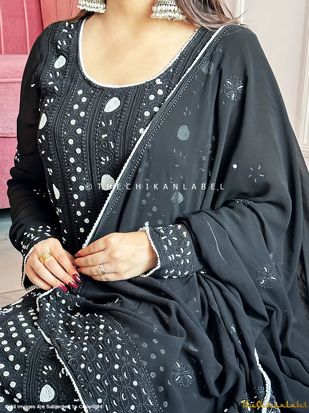 Black Ihina Pearl Work Viscose Chikankari Anarkali