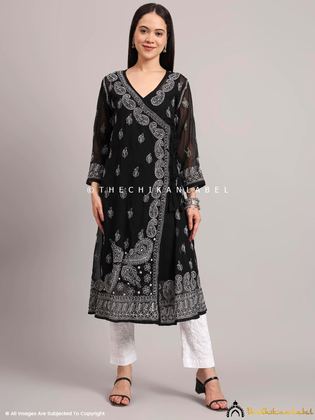 Jaanvi Georgette Chikankari Angrakha - Black