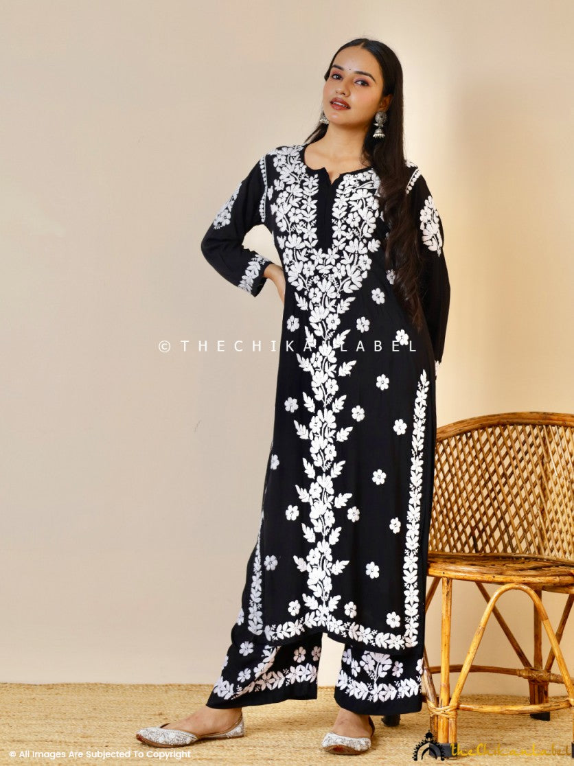 Black Kashish Modal Chikankari Kurti Palazzo Set