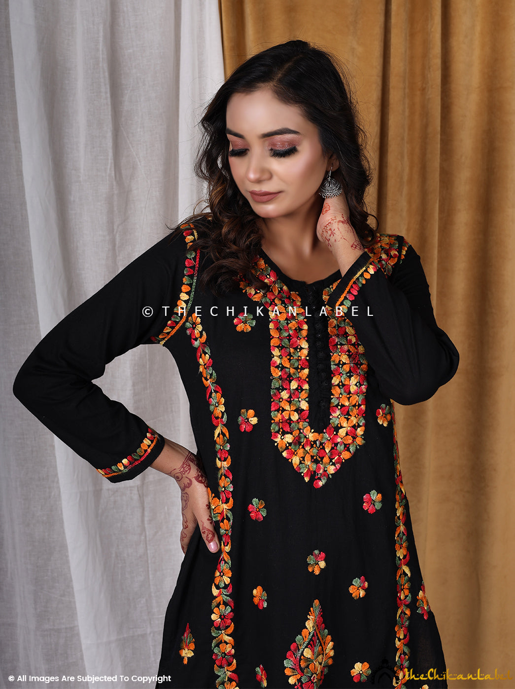 Black Multi Cotton Chikankari Straight Kurti