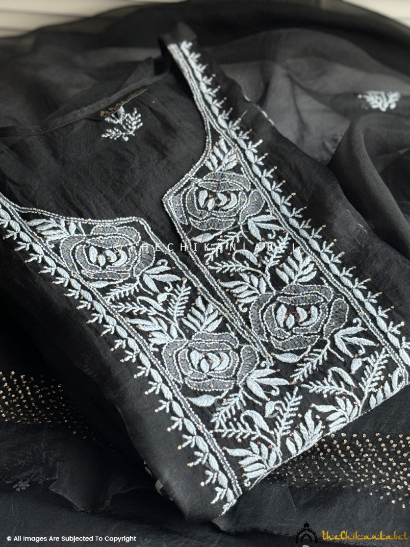 Black Safina Semi-Stitched Organza Chikankari Suit